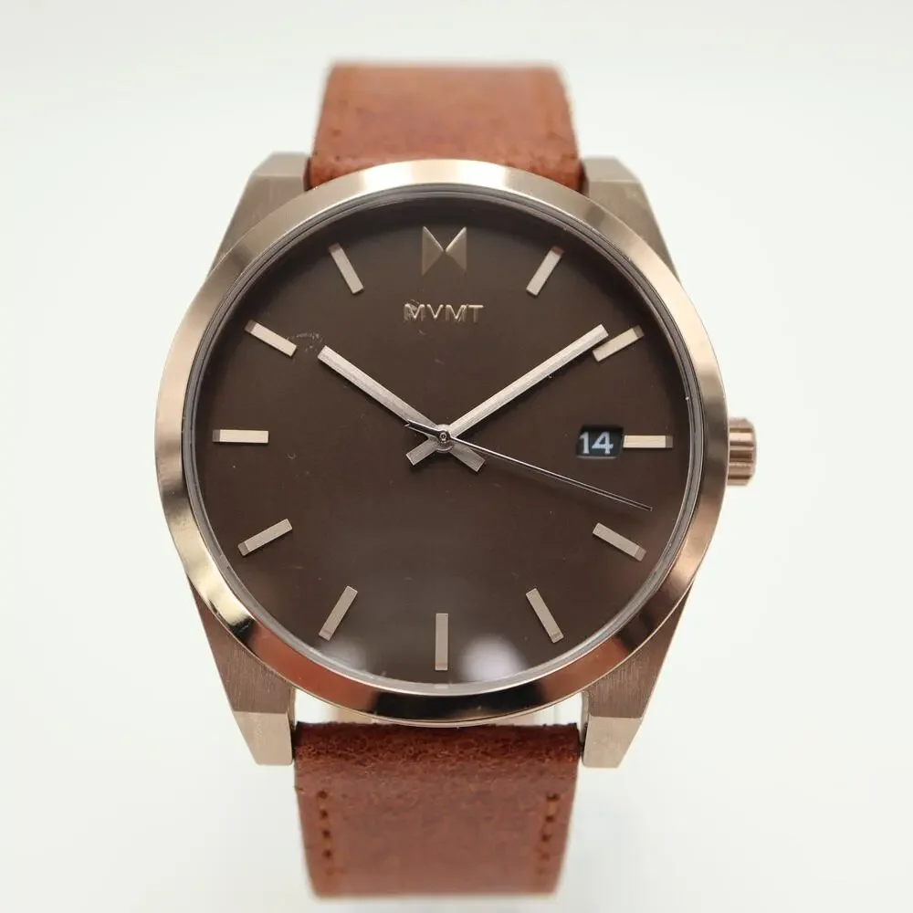 MVMT Element Mens 43mm Brown Bronze Tone Date Watch Leather Strap w New Battery